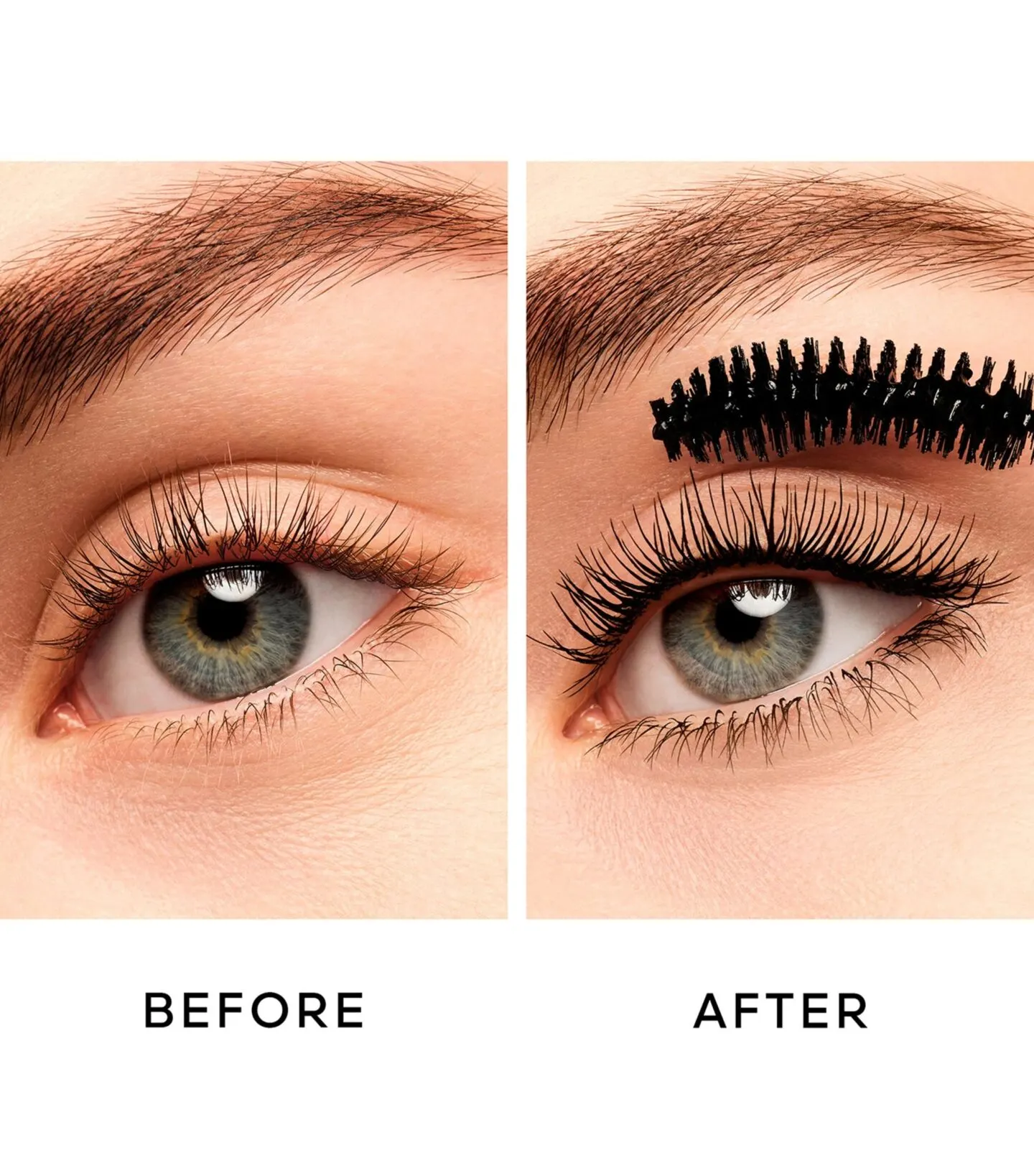 Before and after photo of the Guerlain Noir G Mascara