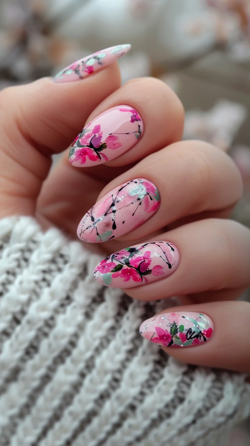 Embrace the elegance of spring with these stunning nails featuring delicate pink blossoms on a soft, pastel pink background. The intricate floral design is complemented by subtle touches of green and silver, creating a harmonious and eye-catching look.