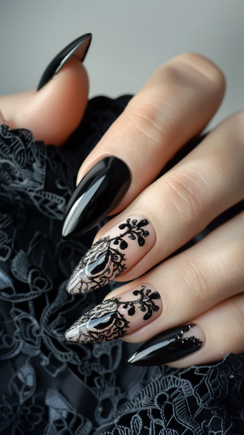 The nails feature a glossy black polish with intricate black lace designs on the ring and middle fingers. The lace patterns have floral and swirl motifs, giving a delicate and elegant appearance. The nails are long and almond-shaped, enhancing the sophisticated look.