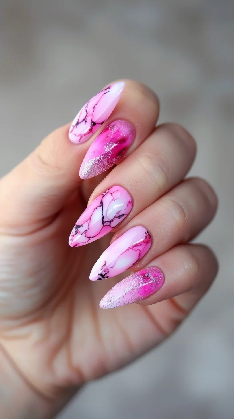 This manicure showcases a delicate and refined design with soft pink marbling and a touch of glitter. The elegant and understated look is perfect for those who prefer a more subtle yet stylish approach to their nail art.