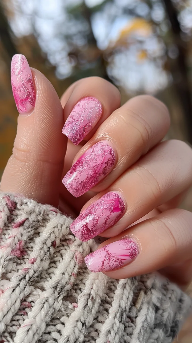 These nails feature a gradient of soft pink tones, with delicate white and pink marbling. The addition of fine glitter creates a dreamy and whimsical look, perfect for adding a touch of sparkle to your everyday style.