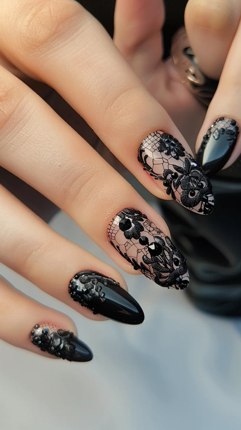 Glossy black nails are adorned with intricate black lace patterns and small black beads, creating a textured and sophisticated look. The lace designs cover the entire nail, with a nude base highlighting the details. The long almond shape adds to the luxurious feel of the nails.