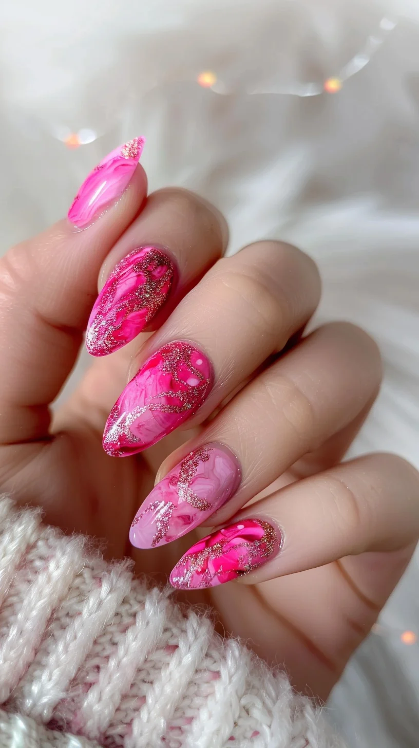 This vibrant nail design showcases deep pink marbling with gold glitter accents. The combination of bold colors and shimmering details makes this manicure a standout choice for any festive occasion or special event.