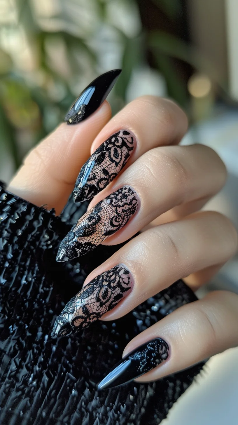 Glossy black nails are highlighted with intricate black lace designs over a nude base on the middle and ring fingers. The lace features floral patterns, creating an elegant and sophisticated look. The nails are long and stiletto-shaped, adding a dramatic flair.