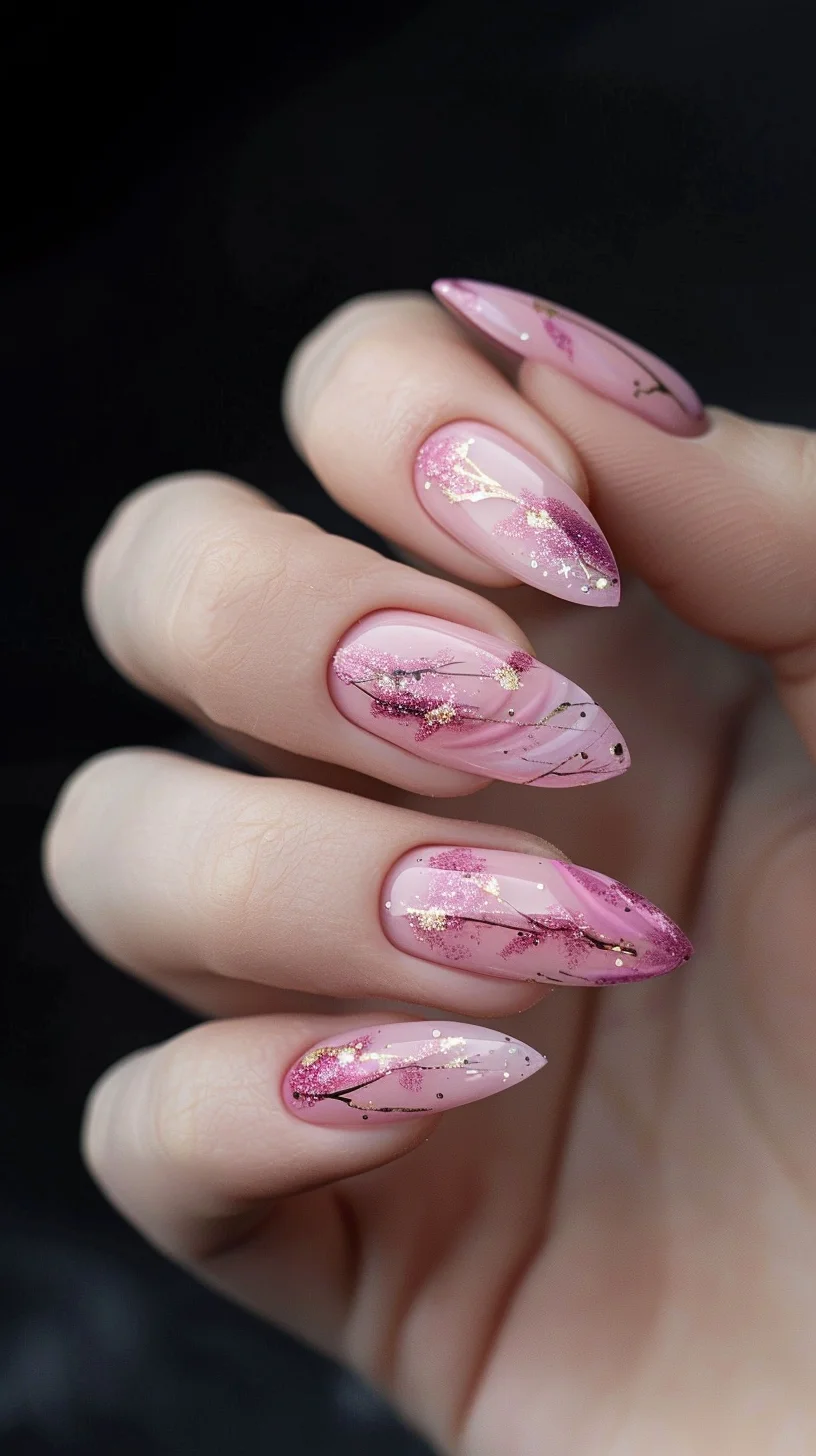 With a blend of light pink and gold glitter, these nails exude sophistication. The marbled effect adds a modern twist, while the glossy finish ensures a chic and polished appearance, ideal for both casual and formal settings.