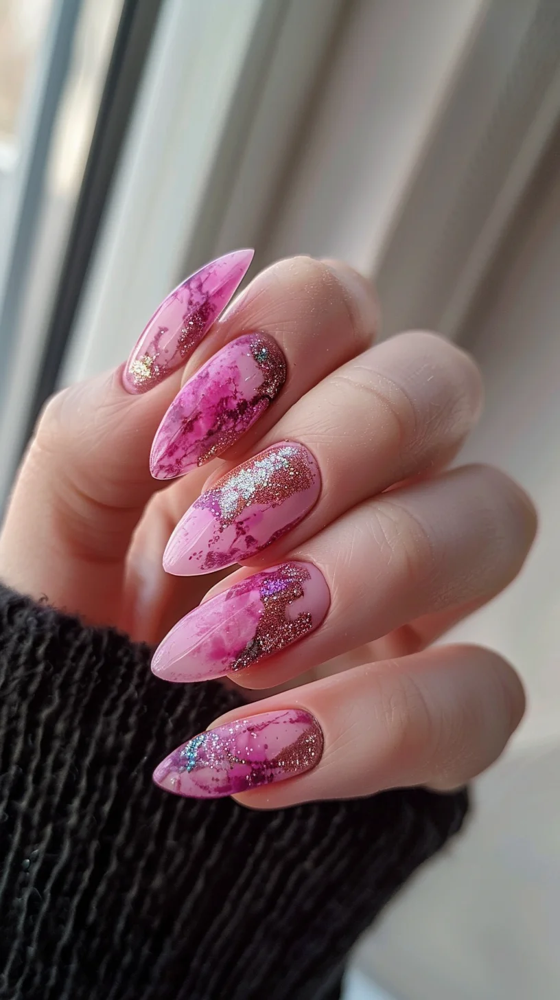 Embrace the essence of elegance with this manicure featuring intricate marbling in various shades of pink. The addition of metallic accents provides a touch of luxury, making it suitable for upscale events and celebrations.