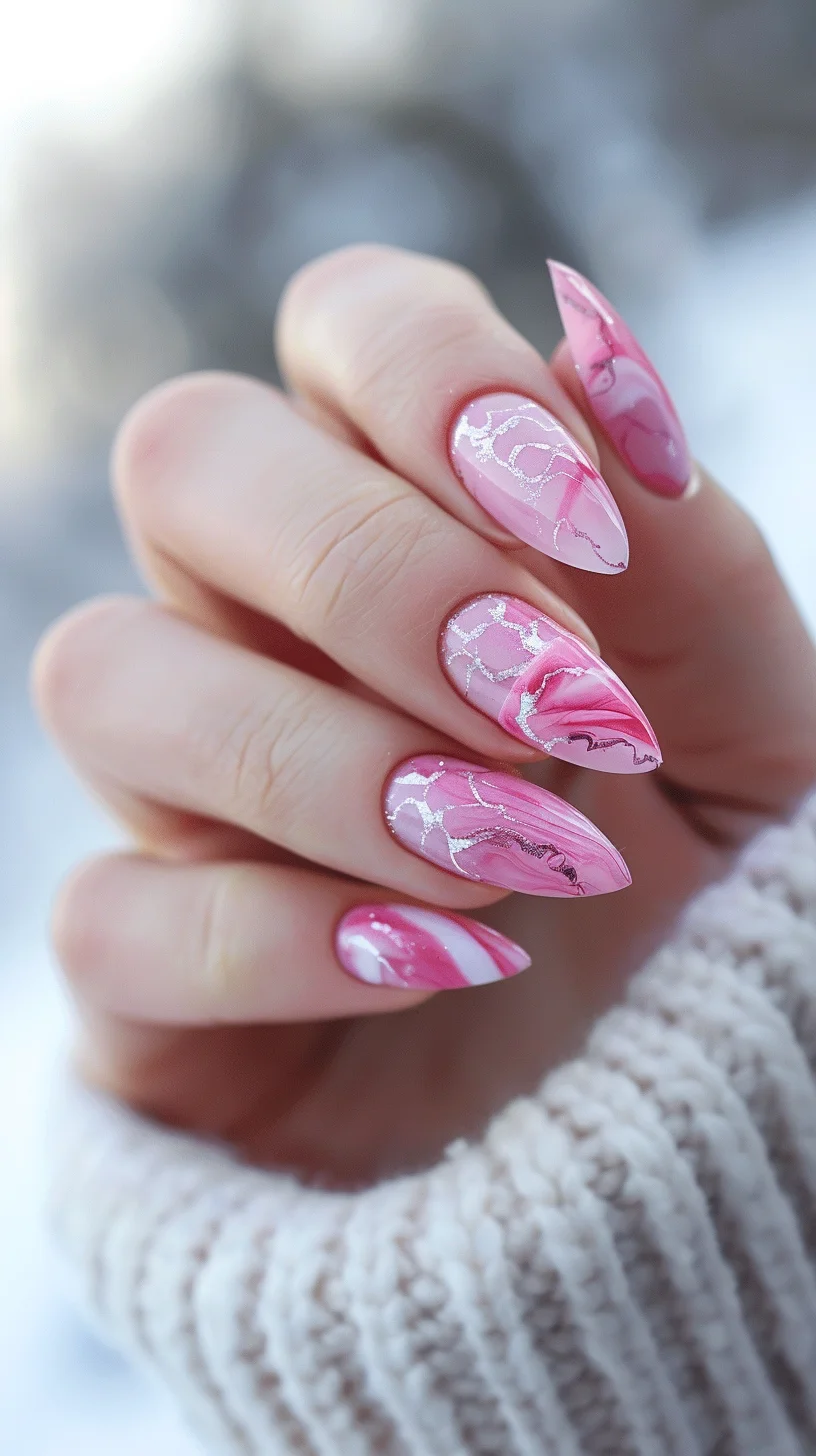 This nail design combines soft pink tones with bold marbled patterns and a hint of gold glitter. The contrasting textures create a dynamic and eye-catching look, perfect for making a fashion statement.