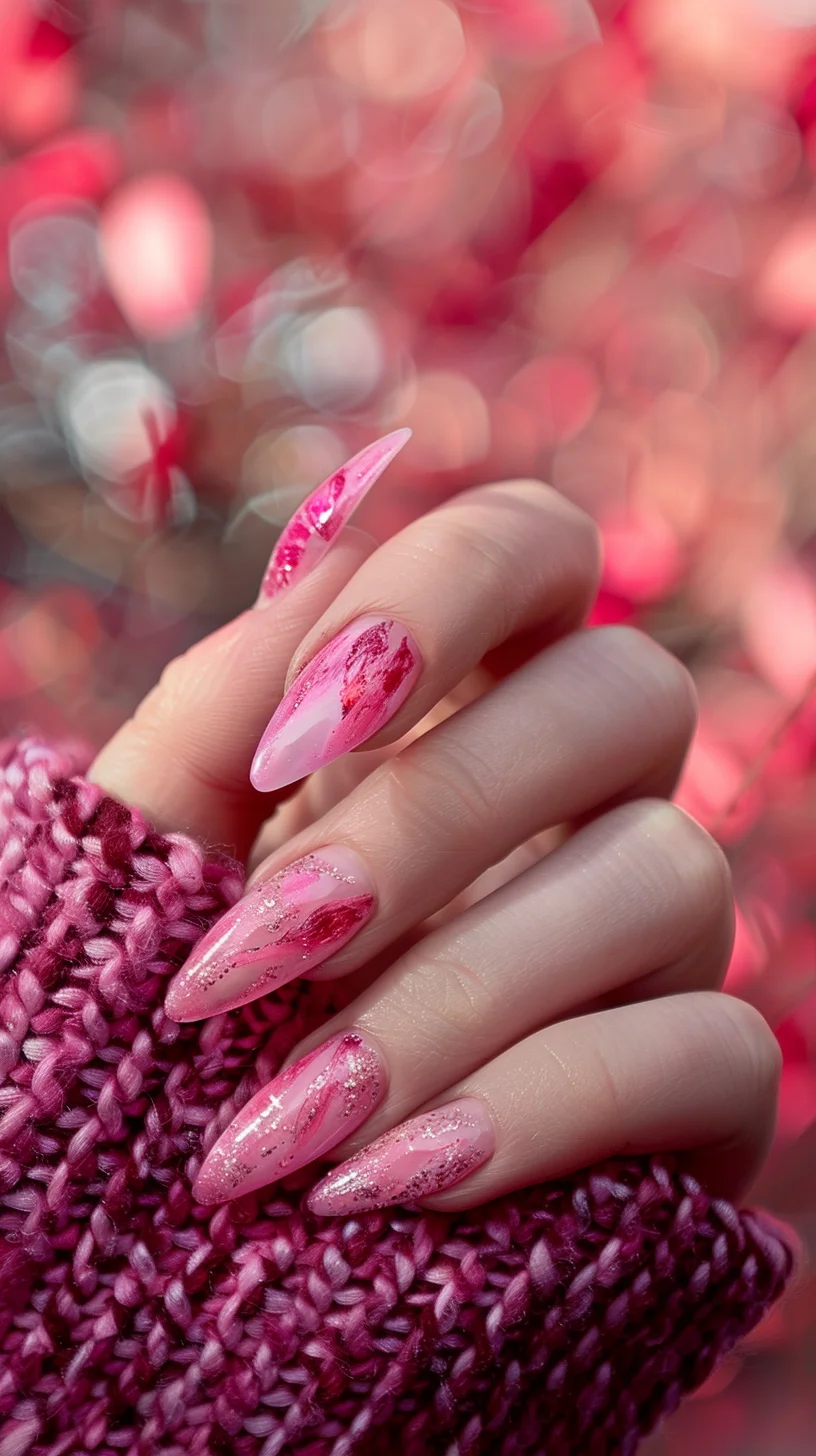 Featuring a beautiful interplay of pink hues and white marbling, these nails are enhanced with subtle glitter for a touch of glamour. The sophisticated design is perfect for adding a bit of sparkle to your everyday look.