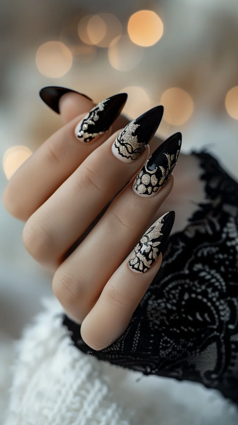 Stiletto-shaped nails feature a glossy black base with intricate gold lace designs. The lace patterns include floral and geometric motifs, adding a touch of opulence and elegance. The gold details contrast beautifully against the black background.