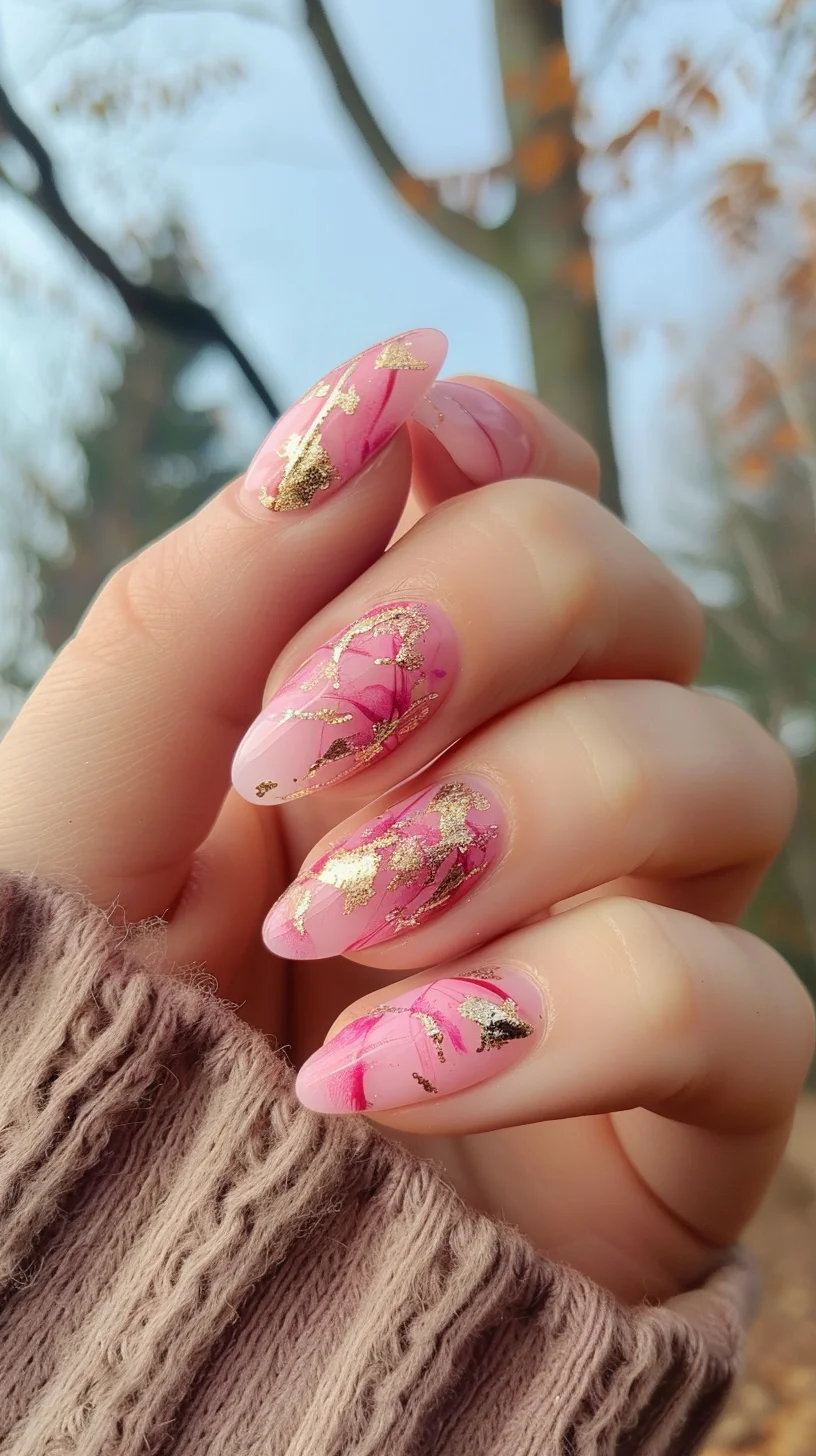 These nails showcase a delicate marbled pattern in shades of pink, with glitter accents adding a hint of sparkle. The elegant and refined design is suitable for any occasion, from casual outings to special events.
