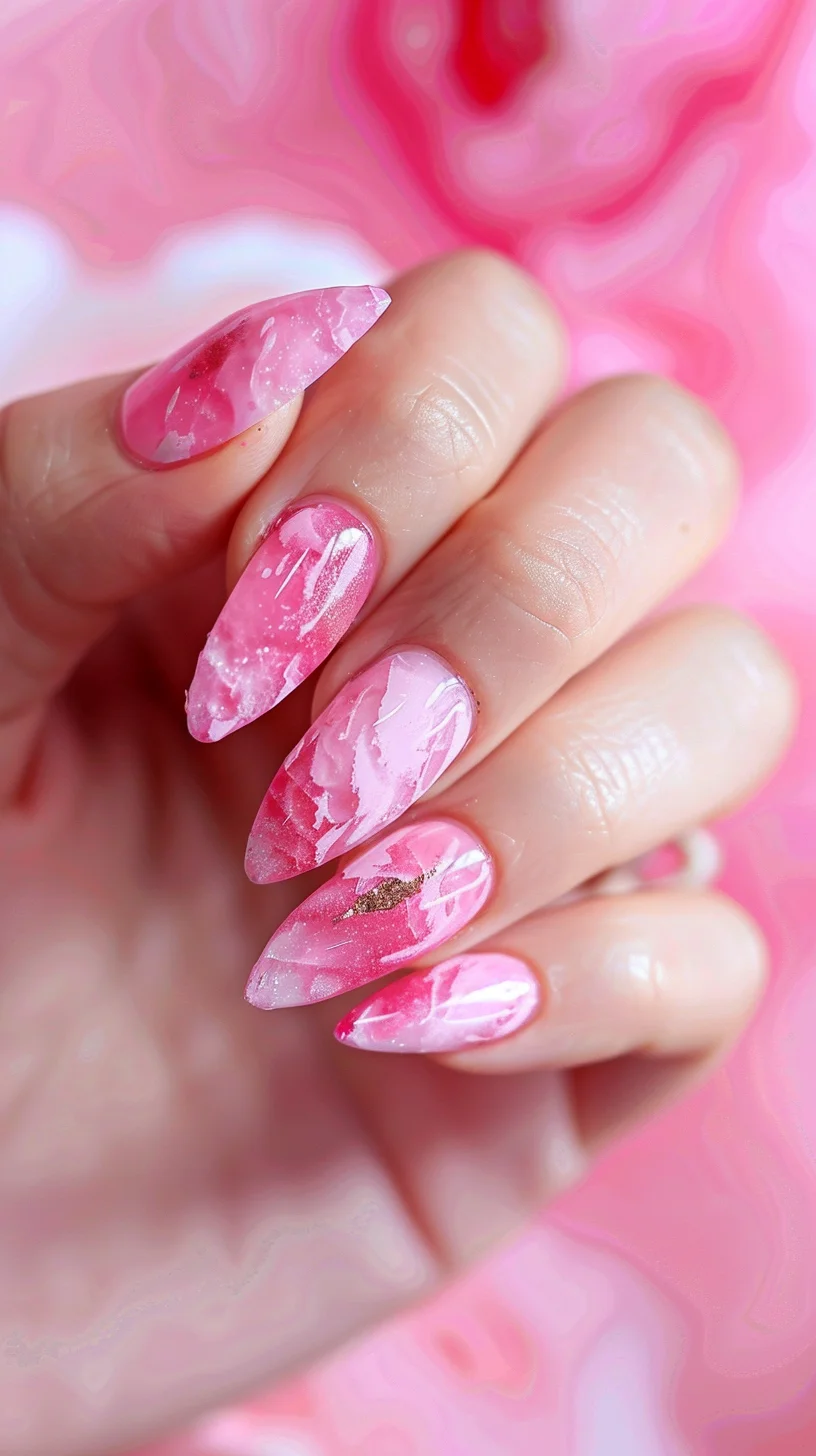 These nails feature a soft pink base with white and pink marbling, accented by glitter for a subtle sparkle. The elegant design is versatile and suitable for both casual and formal settings, adding a touch of glamour to your style.