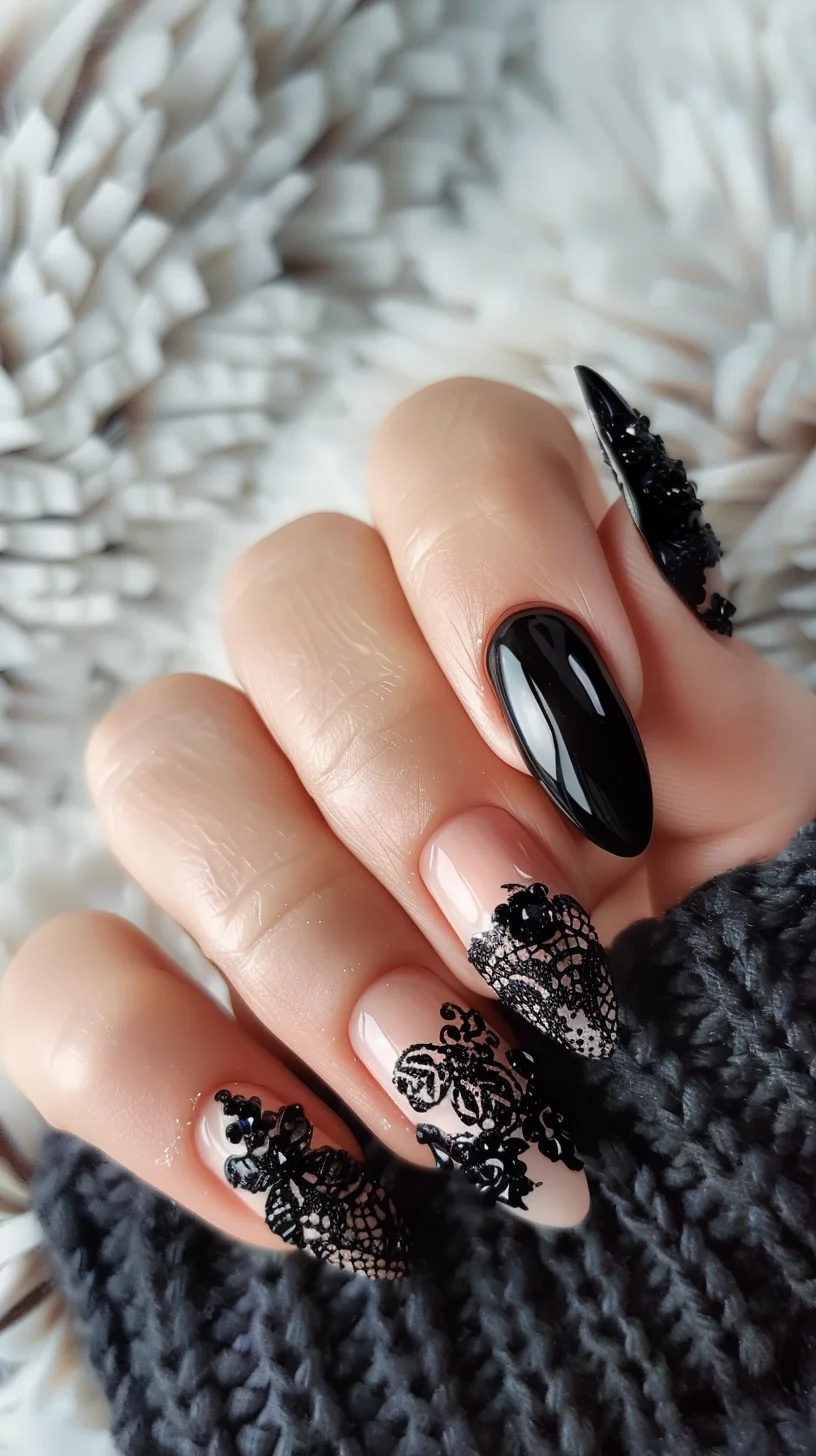 Nude base nails are decorated with intricate black lace designs, including floral and geometric patterns. Small black beads add texture and depth to the design. The nails are almond-shaped, creating a balance between elegance and sophistication.