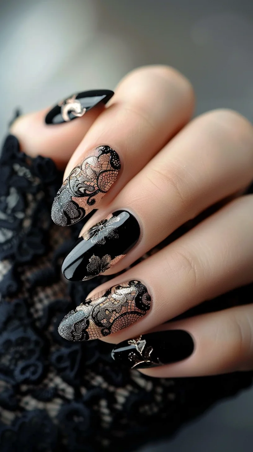 This design showcases glossy black nails with elaborate lace details on the middle and ring fingers. The lace features floral patterns and is accented with subtle metallic elements, adding a touch of sparkle. The nails are stiletto-shaped, emphasizing the bold, dramatic style.