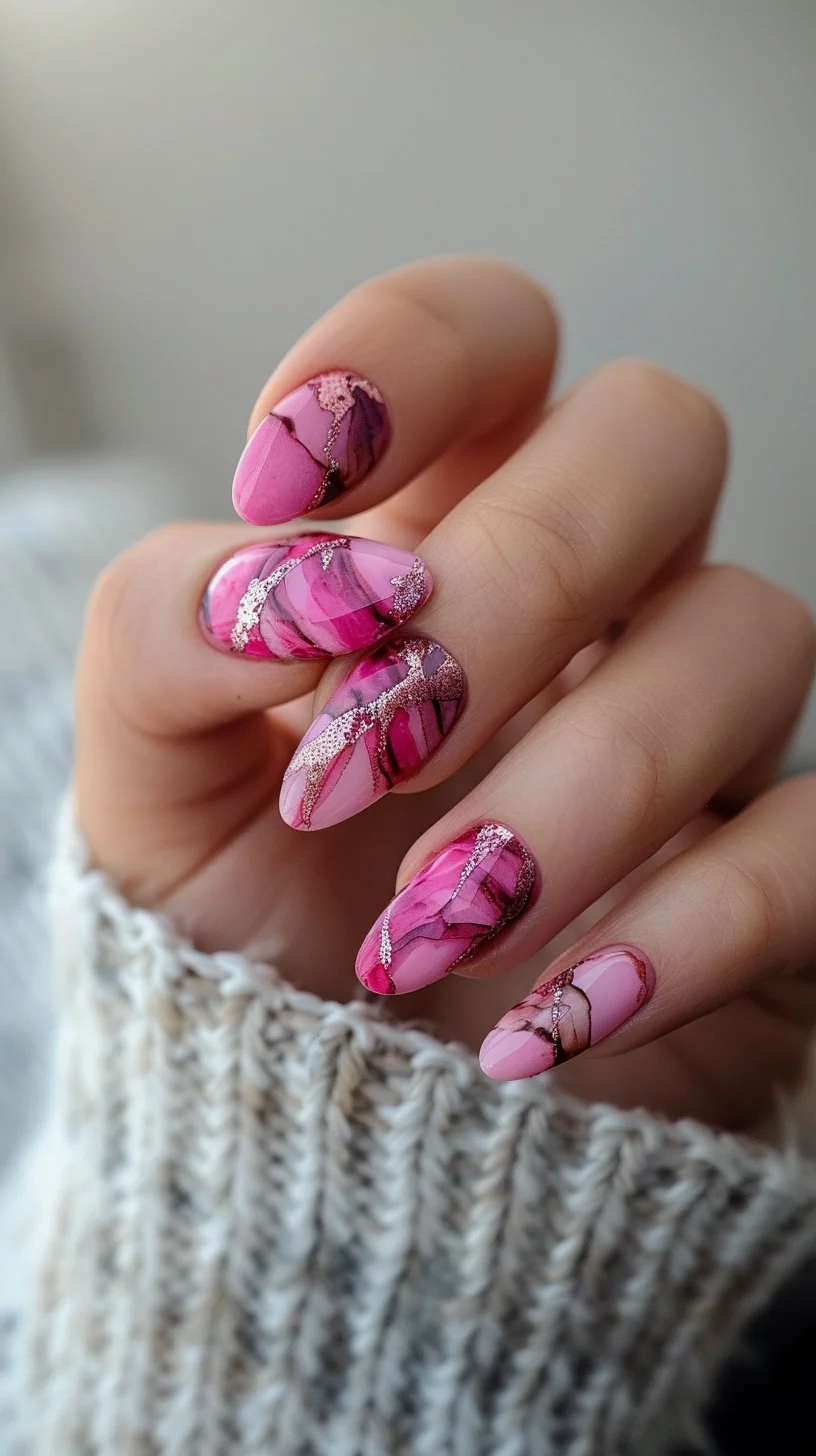 This nail design combines light pink tones with bold marbled patterns and metallic accents. The combination of textures and colors creates a dynamic and visually appealing look, ideal for making a statement at any event.
