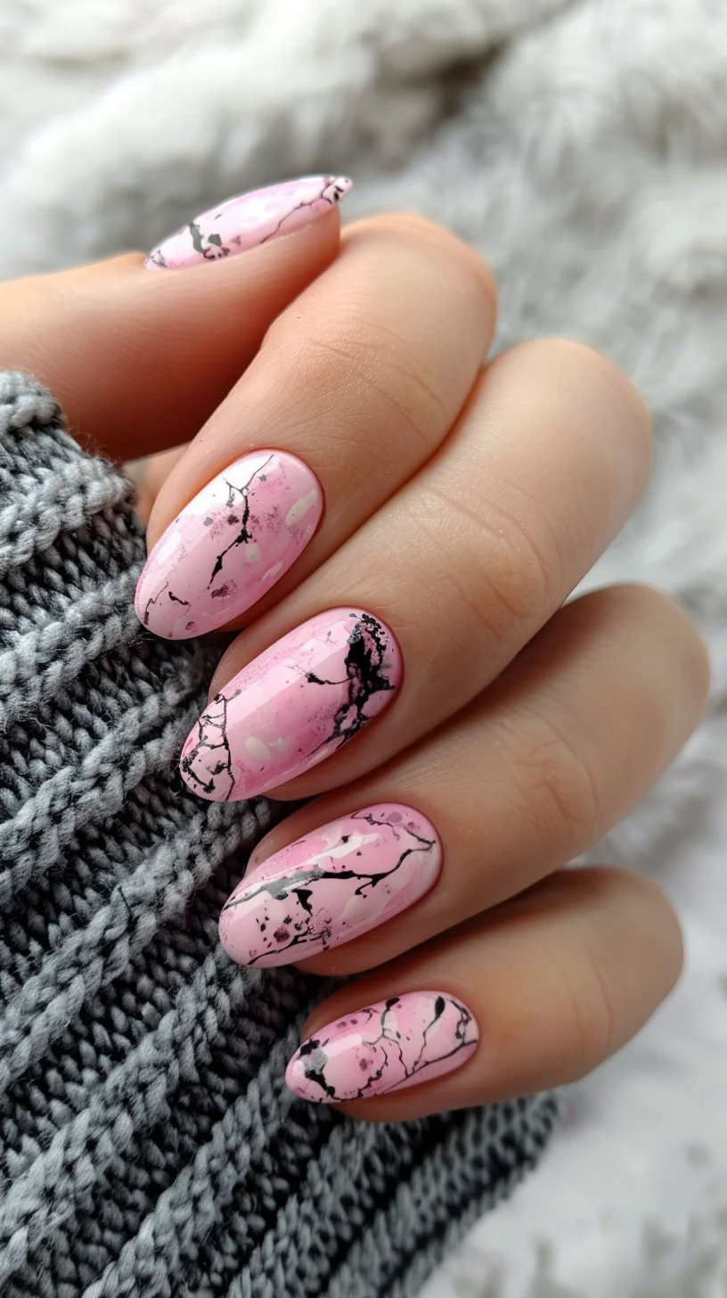 These nails feature a delicate light pink base with intricate black marbling. The contrast between the soft pink and bold black veins creates a sophisticated and modern look, perfect for any stylish occasion.