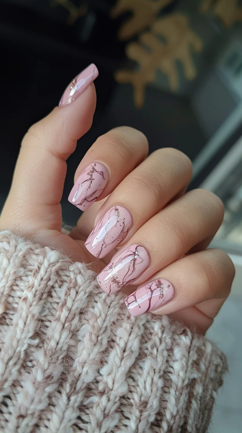 This manicure showcases a soft pink hue adorned with fine, glittery marbling. The subtle shimmer adds a touch of glamour, making these nails suitable for both everyday wear and special events.