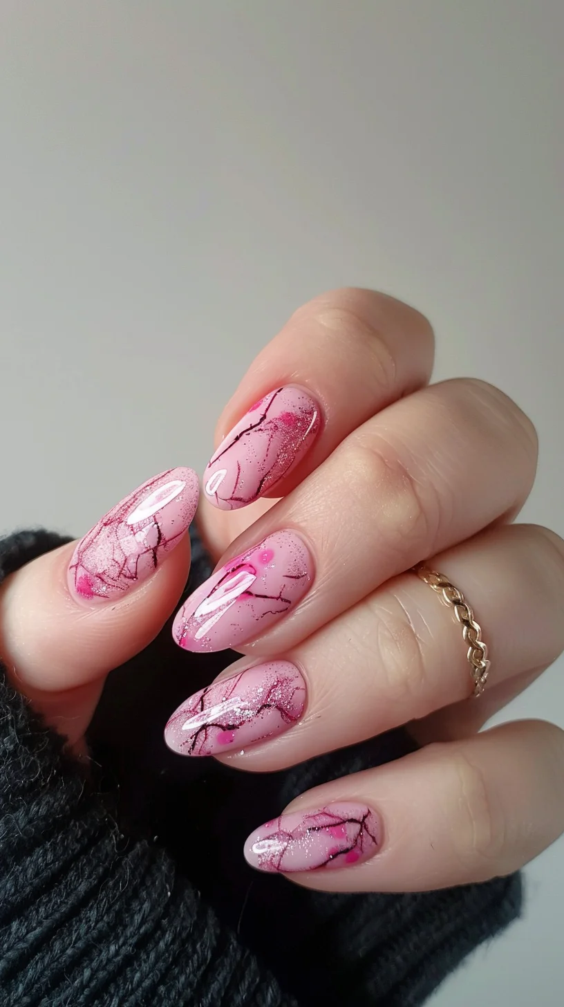 These nails offer a chic and understated design with fine pink veins running through a pale pink base. The subtle glitter enhances the overall look, making it perfect for both everyday wear and special occasions.