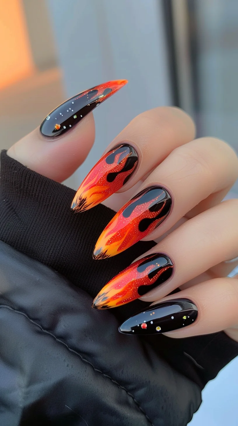 This nail design features a striking gradient from deep red to bright yellow, creating the illusion of flames. Black accents add definition, giving the appearance of fiery embers glowing with intensity.