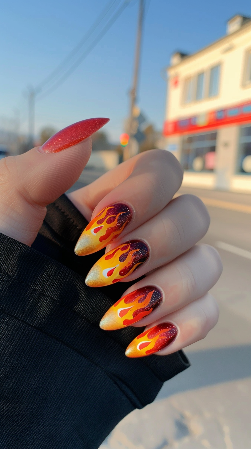 These nails feature a unique combination of a dark base with bright, glowing flames. The detailed flame patterns and vibrant colors give an intense and dramatic effect, perfect for standing out. ​