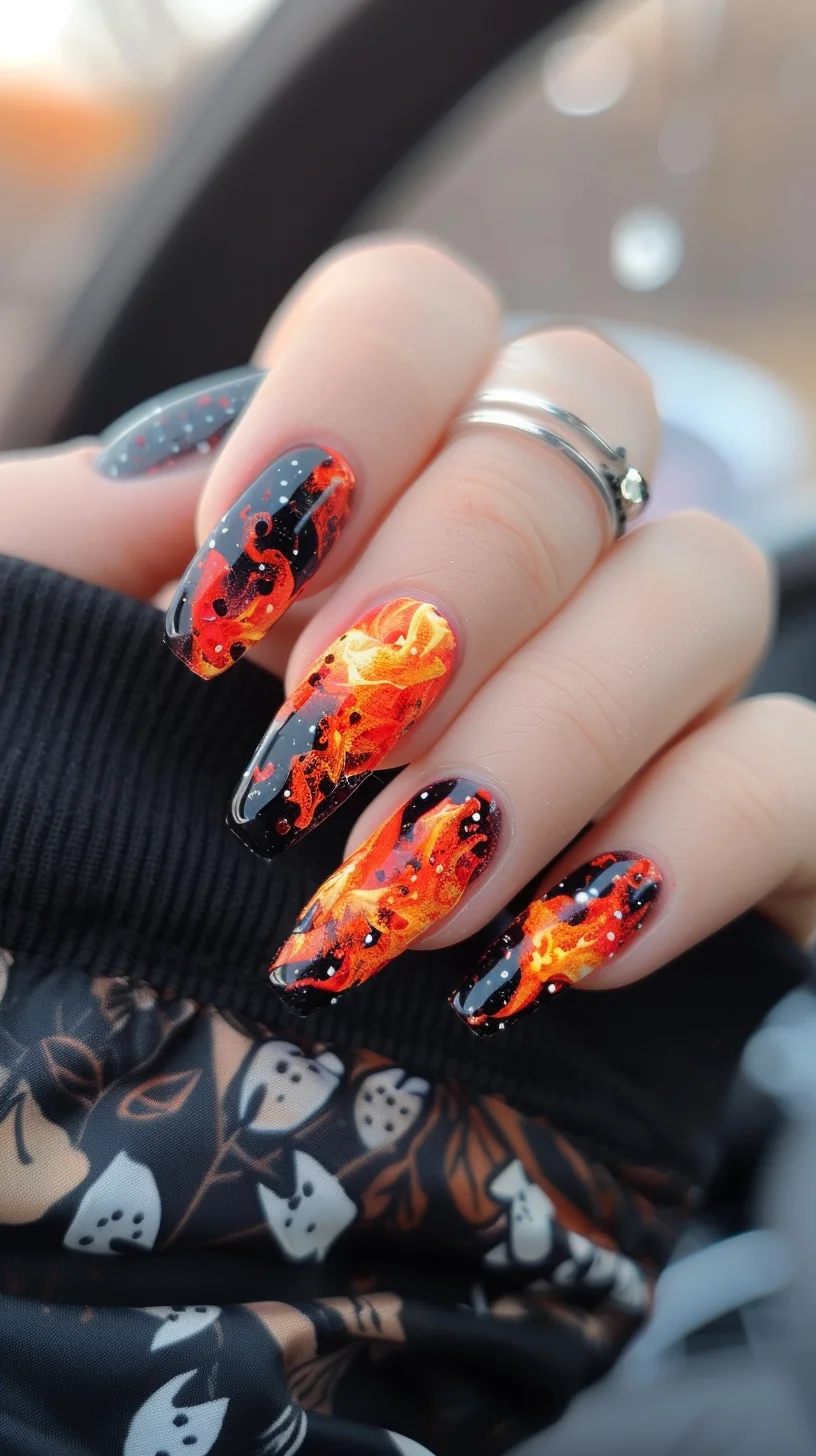 These nails feature a fiery design with swirling yellow and red flames on a glossy black base. The intricate flame patterns and subtle sparkles create a dramatic and eye-catching effect, perfect for making a bold statement.