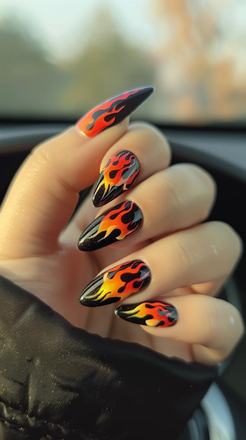 These nails display a sleek black background with vibrant red and orange flames. The detailed flame design gives a sense of motion, making the nails look as if they are flickering with heat and energy.