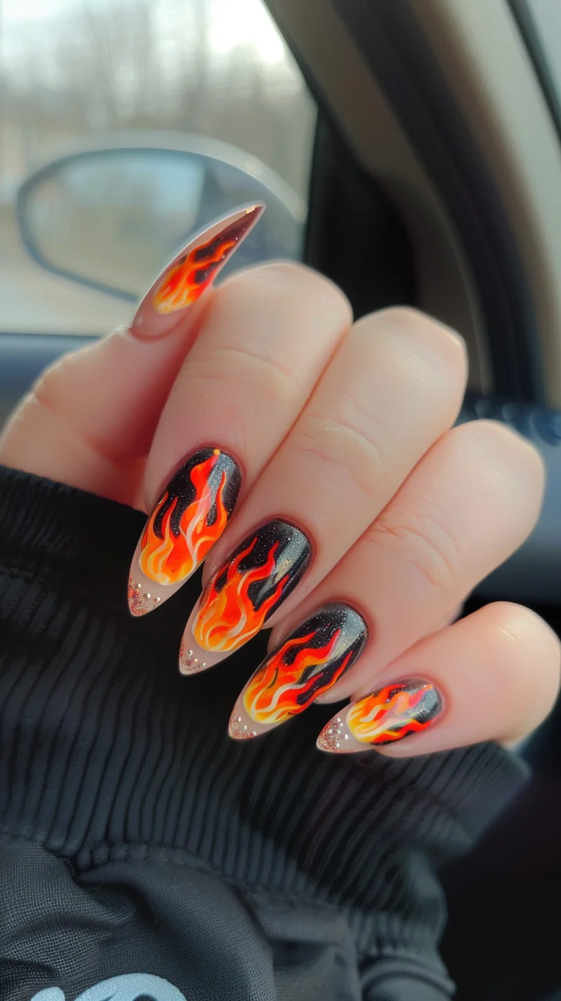 Featuring a gradient effect from black to bright yellow and orange flames, these nails create a striking visual impact. The intricate flame patterns and high-gloss finish enhance the fiery look, making them a standout choice.