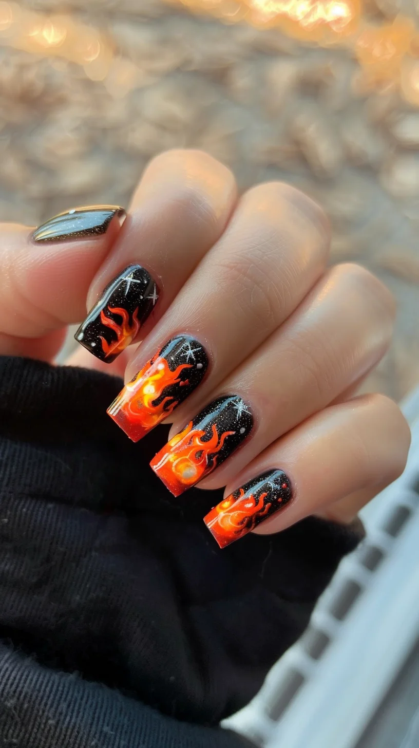 This design showcases bright red and orange flames on a black base, with subtle glitter accents. The sharp flame patterns and vibrant colors make these nails look fiery and fierce, perfect for a bold and daring style.