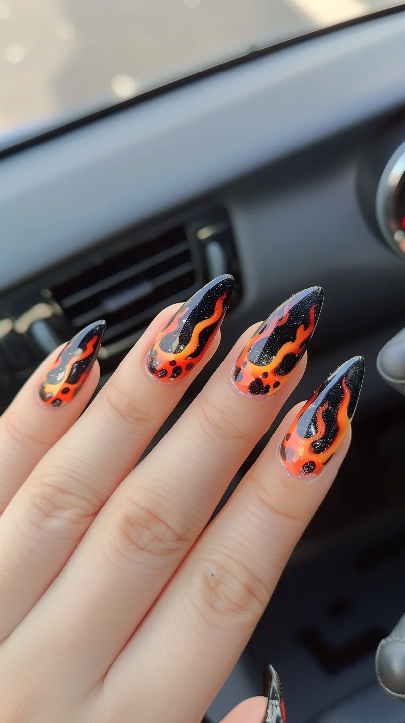 With a glossy black base and vivid orange and yellow flames, these nails are designed to grab attention. The detailed flame patterns and gradient effect give a realistic and intense fiery appearance.