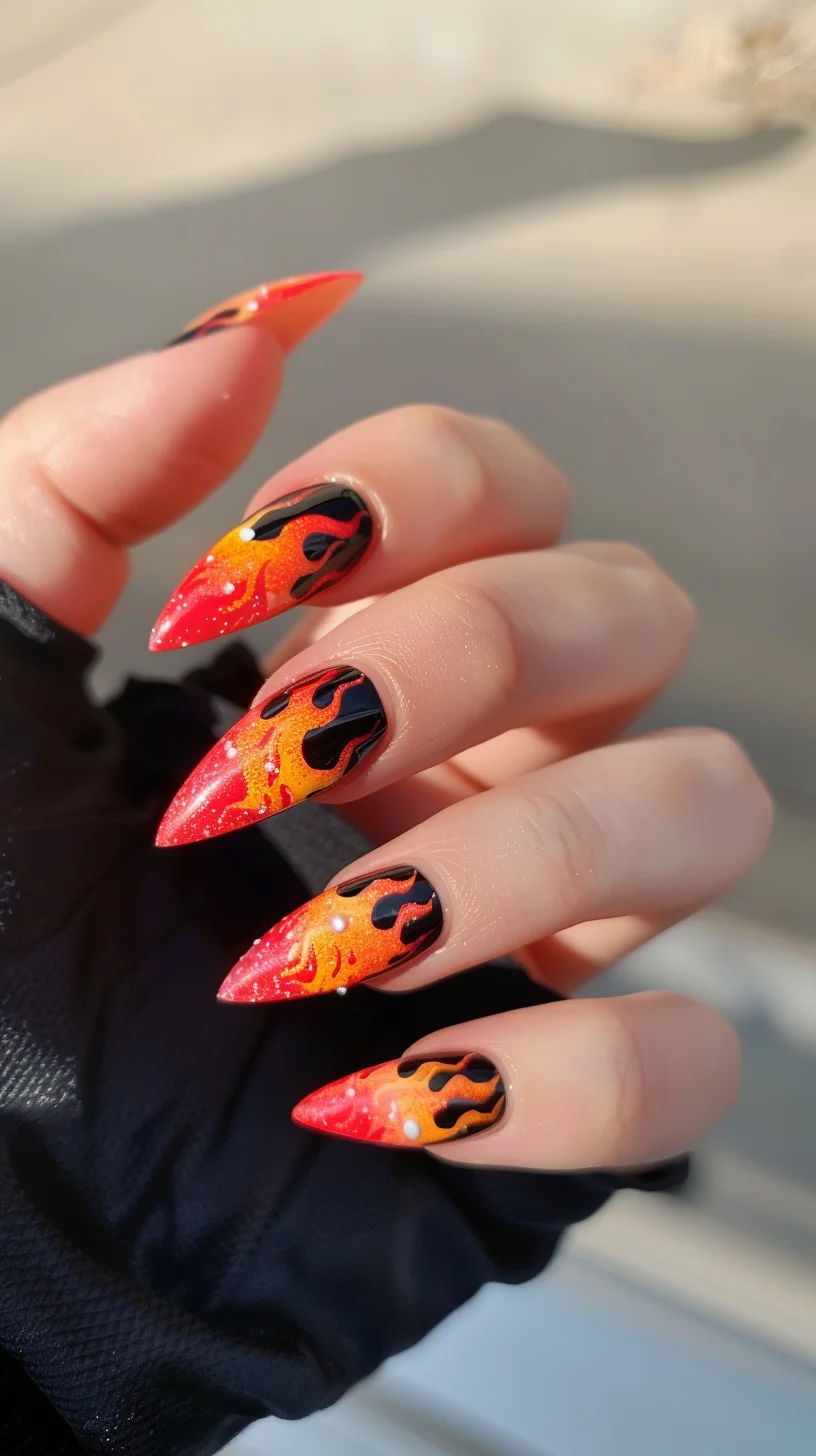 These nails feature a dramatic blend of black and fiery orange, with flame patterns that seem to dance across the nails. The high-gloss finish and intricate detailing add to the dynamic and eye-catching look.