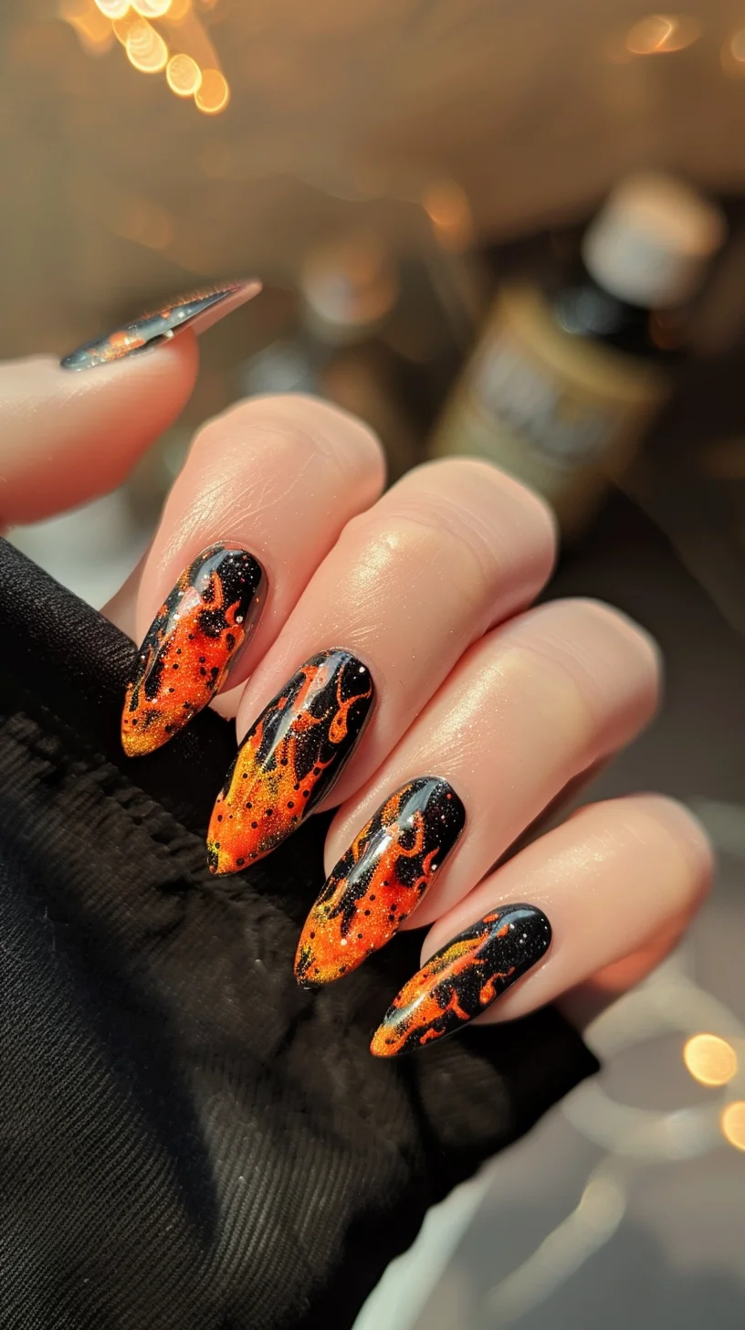 A striking gradient from black to fiery orange and yellow defines these nails. The flames are meticulously detailed, giving a realistic and intense appearance, perfect for adding a touch of heat to your look.