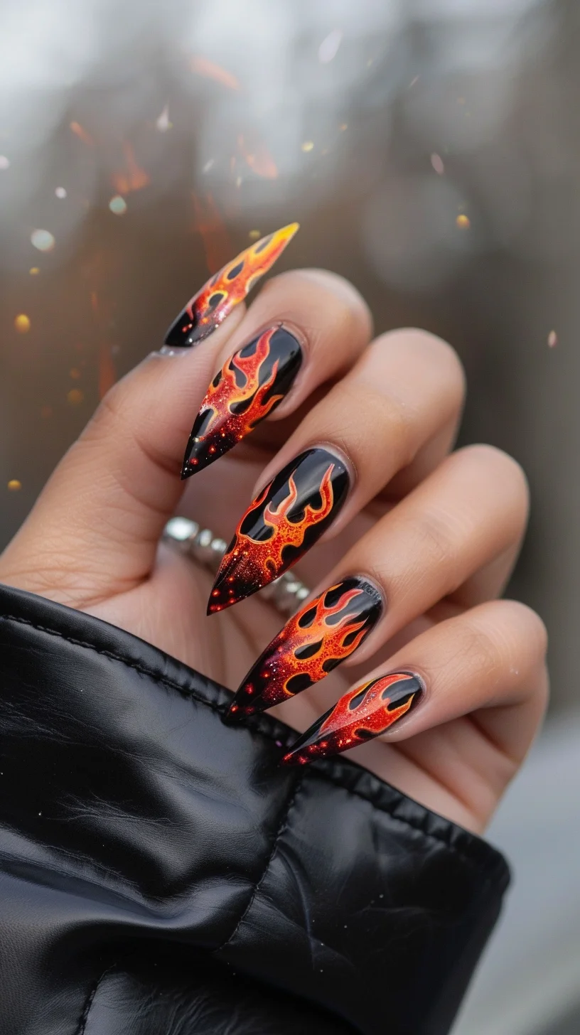 These nails display a bold combination of black and vibrant orange flames, with a glossy finish that enhances the fiery effect. The sharp flame patterns and subtle sparkles make them perfect for a standout manicure.
