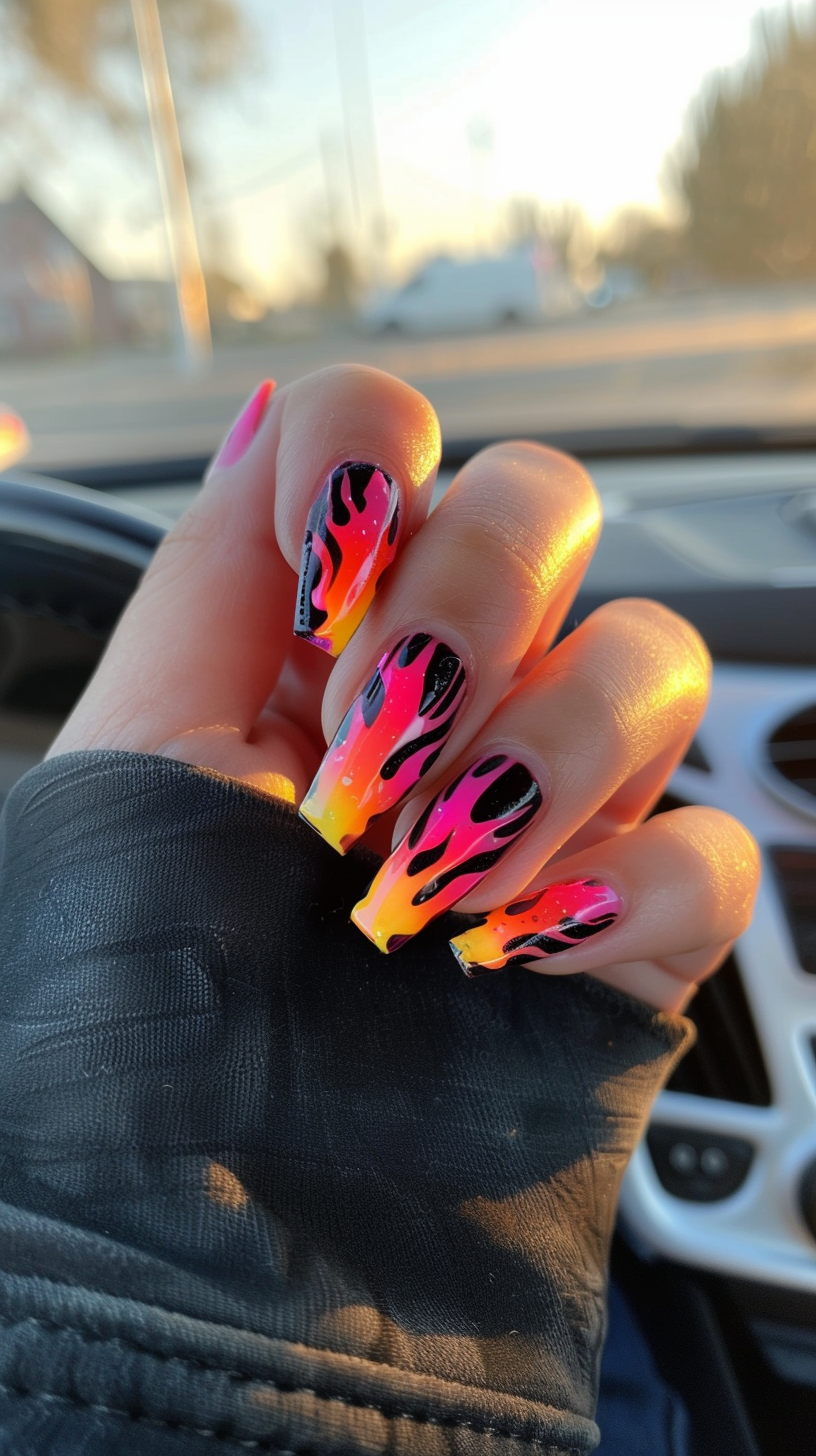 A bold combination of black and vibrant orange flames adorns these nails, perfect for making a statement. The detailed flame pattern and glossy finish give a modern and edgy look to your manicure.
