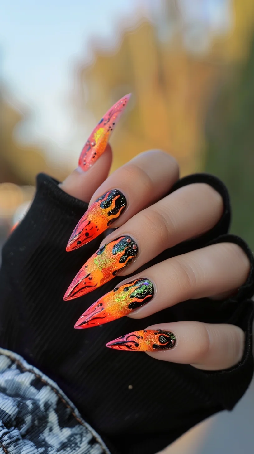 Featuring a dramatic gradient from black to fiery red and orange flames, these nails create an intense and captivating look. The detailed flame patterns and high-gloss finish add to the bold and fiery style. 
