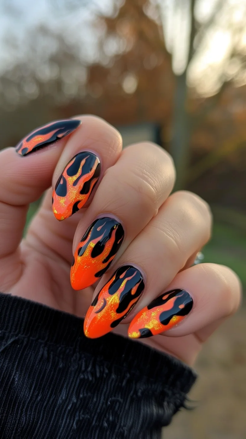 This design showcases a glittery black base with vivid orange and red flames rising from the cuticles. The flames have a realistic appearance with a glowing effect, enhancing the fiery theme.