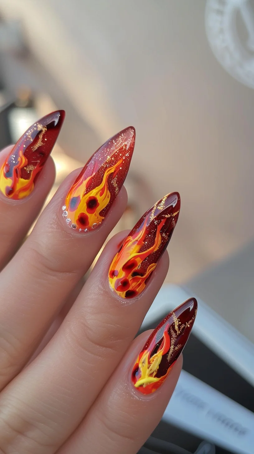 These nails have a glossy black base with bright yellow and red flames. The flames are outlined in white, giving them a more defined and cartoon-like appearance, making the design pop.