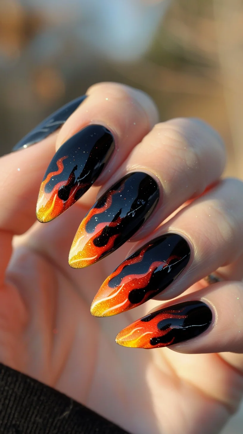 These nails feature a classic black base with fiery orange and red flames. The flames are designed to appear as if they are flickering, with sharp edges and a dynamic gradient. The nails are almond-shaped, making the design both fierce and elegant.