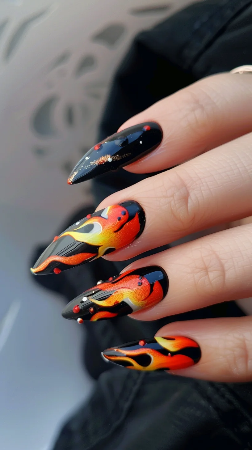 The nails have a sleek black base with bright orange flames extending from the tips. The flames include hints of yellow and red, giving them a realistic and vibrant appearance. The shape of the nails is long and pointed, enhancing the dramatic effect of the flame design.