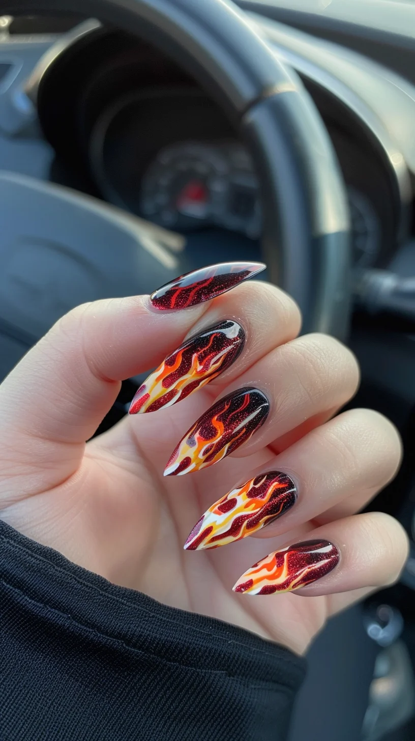This design features a black base with flames in multiple colors, including red, orange, yellow, and white. The flames are highly detailed, with small white and yellow accents to mimic the appearance of real fire. The nails are long and almond-shaped, perfect for a bold and fiery look.