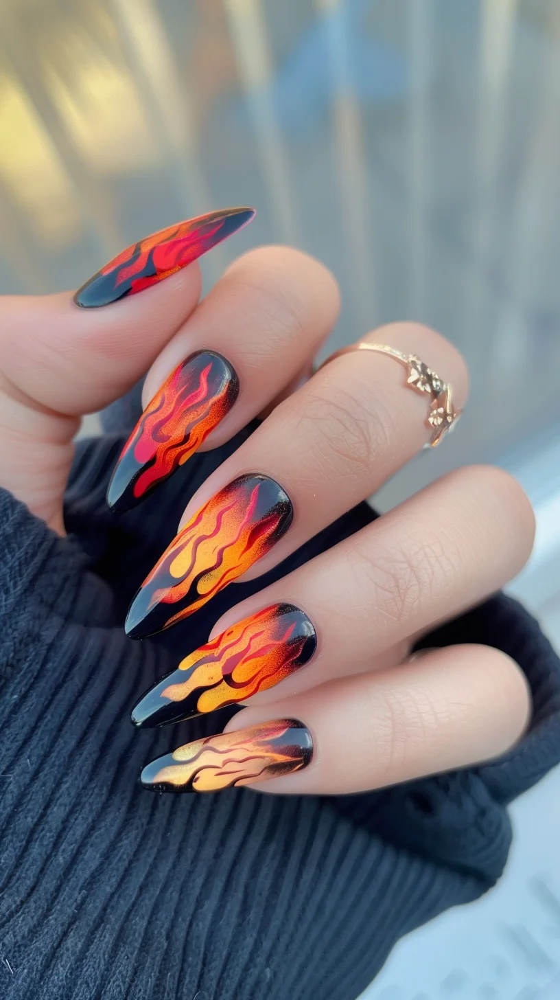 These nails display a stunning ombre effect transitioning from black to a bright, fiery red. The flame design is meticulously detailed, providing a dynamic and eye-catching appearance that stands out.