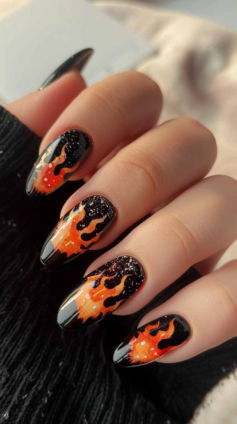 This design showcases a black base with bright orange and yellow flames. The flames have a dynamic and flickering appearance, with sharp edges and detailed accents.
