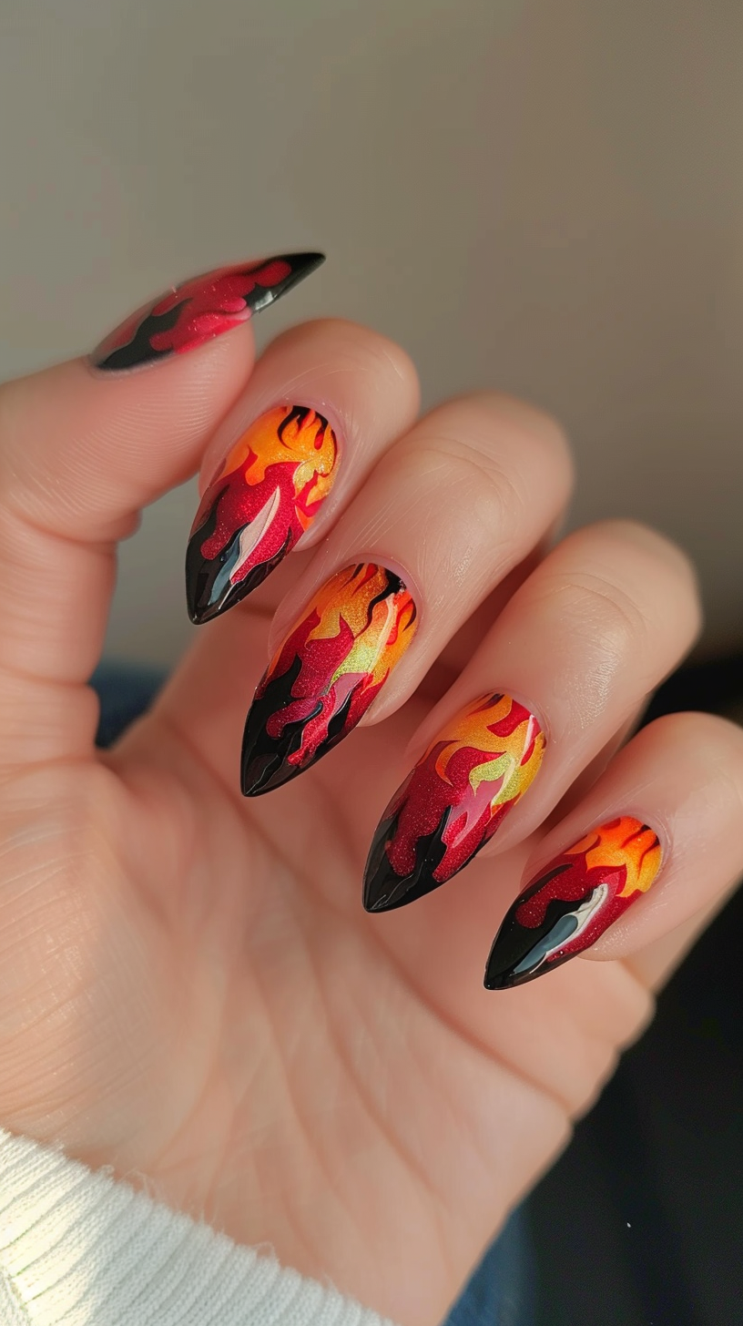 With a blend of pink, orange, and yellow, these nails capture the essence of a fiery sunset. The flame patterns are bold and outlined in black, creating a vivid and captivating look for any occasion.