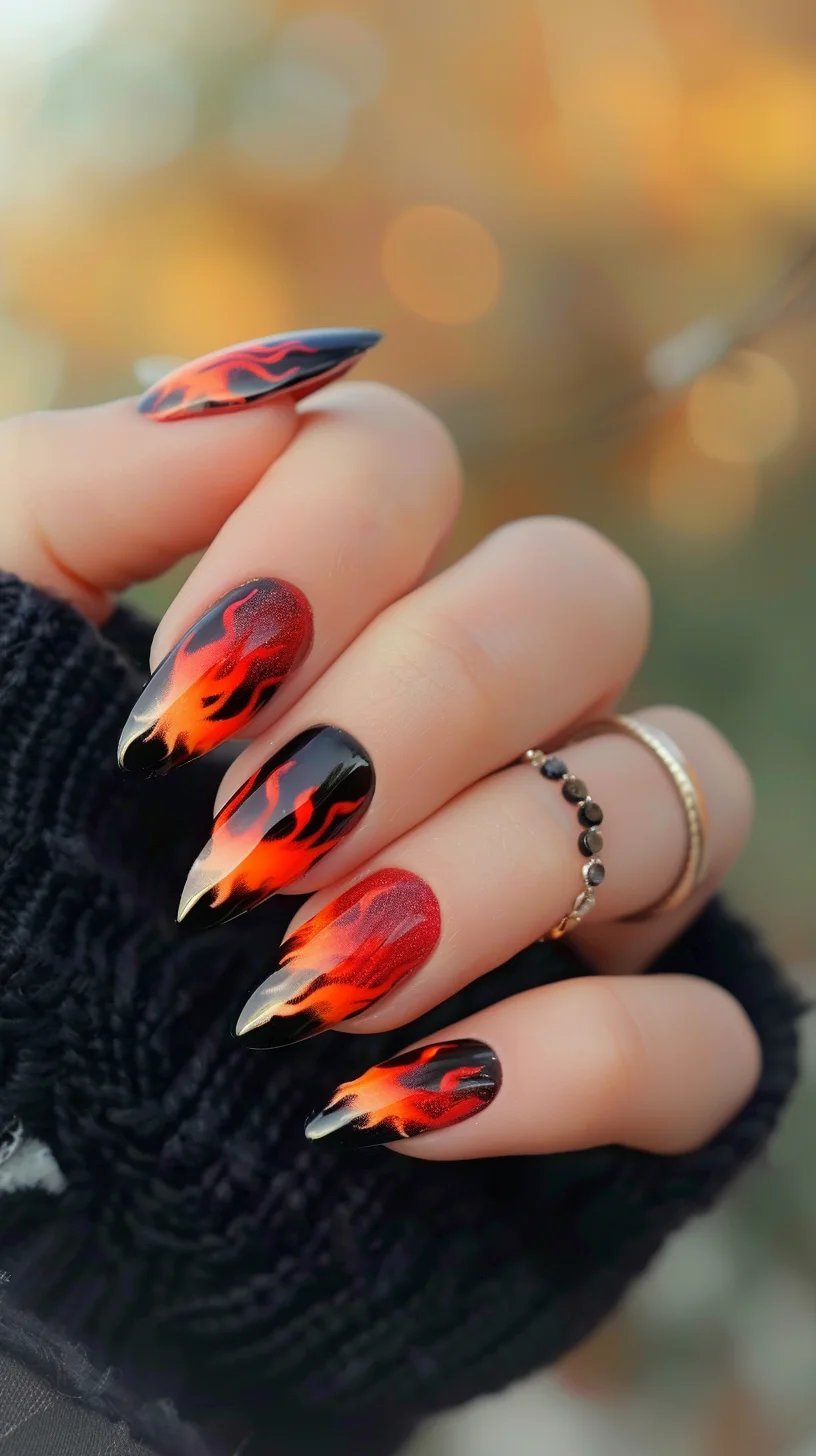 These nails showcase a sleek black base with vivid orange and red flames. The gradient effect of the flames adds depth and movement, making your nails look as if they are ablaze.