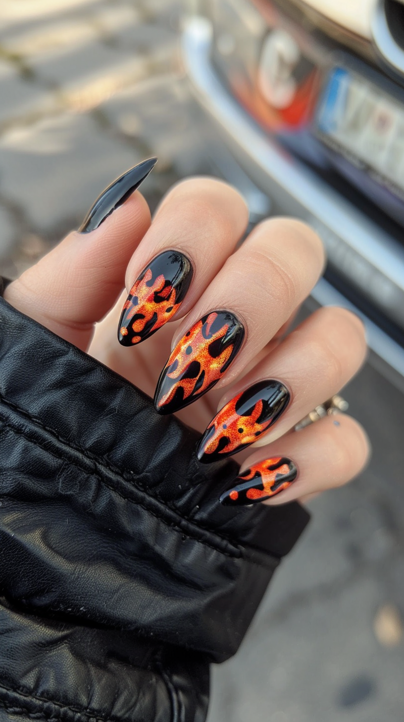 Featuring a classic black base with bright orange and yellow flames, these nails are perfect for a bold and fiery statement. The sharp details and high-gloss finish add a touch of sophistication.