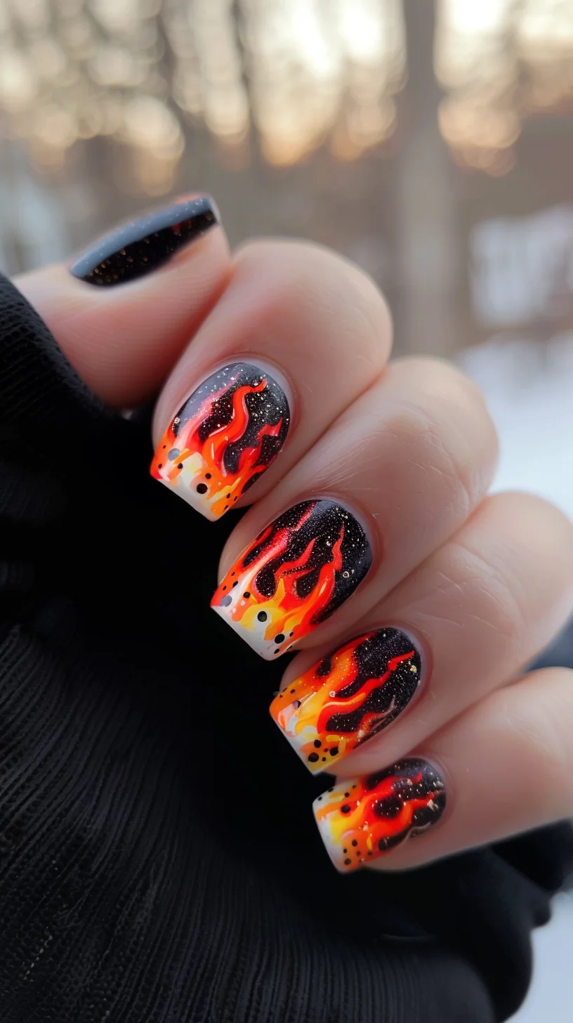 This design combines a black background with a gradient of red and orange flames, creating a striking and dynamic look. The high-gloss finish enhances the vivid colors and intricate details.