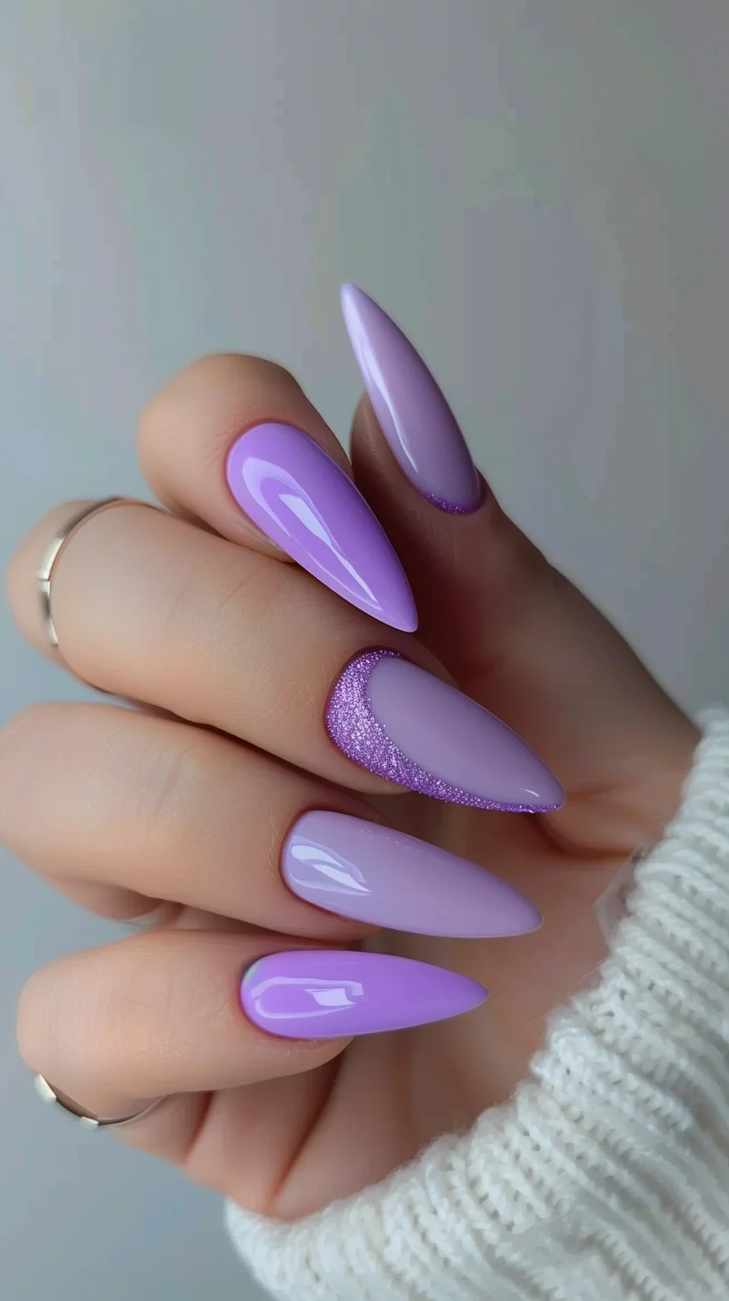 A delicate and feminine design, these nails feature a light purple base with subtle floral patterns and tiny gems. The intricate details and soft colors make for a beautifully elegant look.