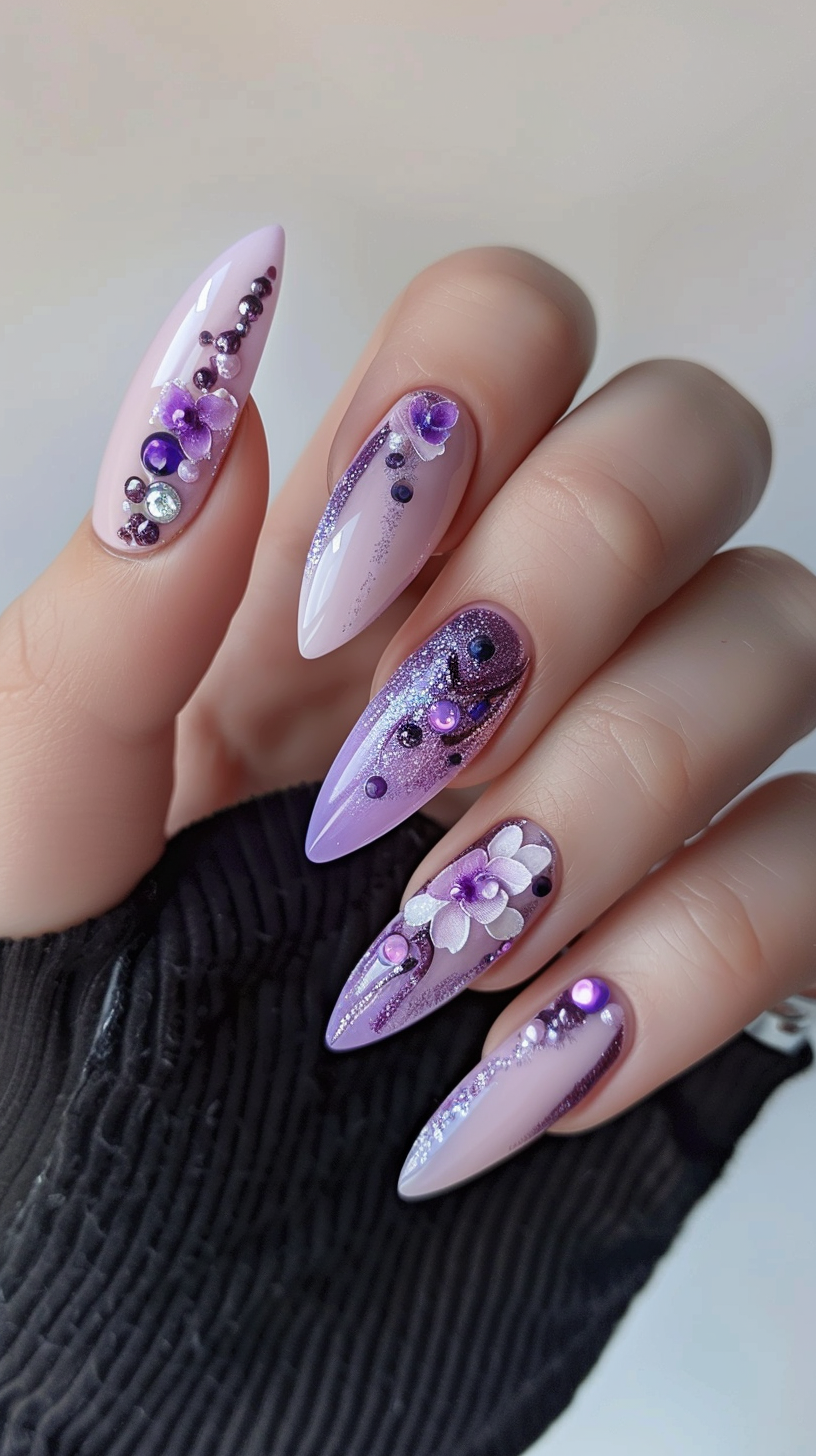 This design features a light purple base with intricate floral and rhinestone embellishments. The combination of 3D flowers and sparkly stones creates a luxurious and detailed look, perfect for special occasions.