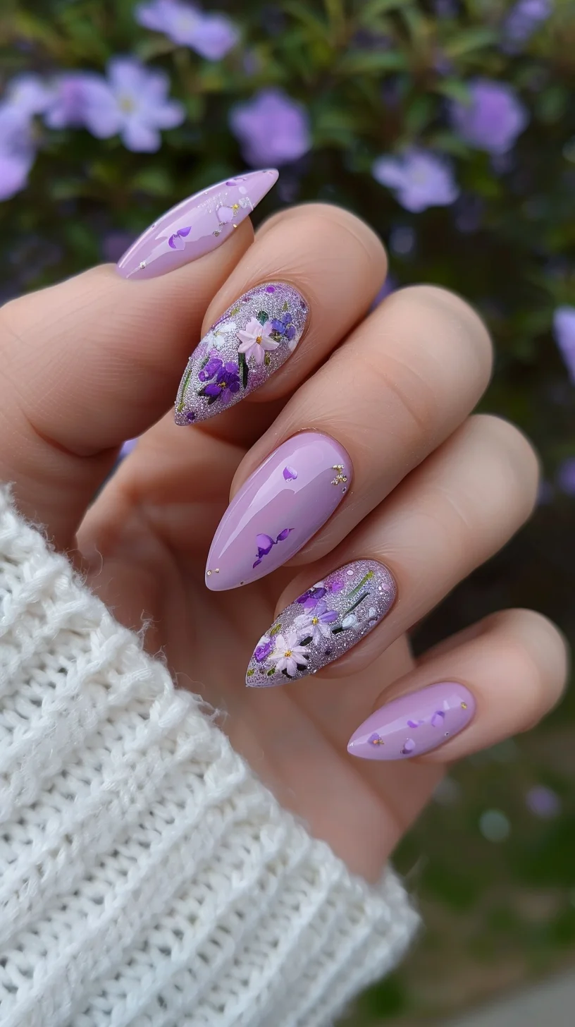 A beautiful mix of floral and glitter, this design includes light purple nails adorned with tiny purple flowers and shimmering glitter accents. The delicate flowers add a soft, feminine touch to the overall look.