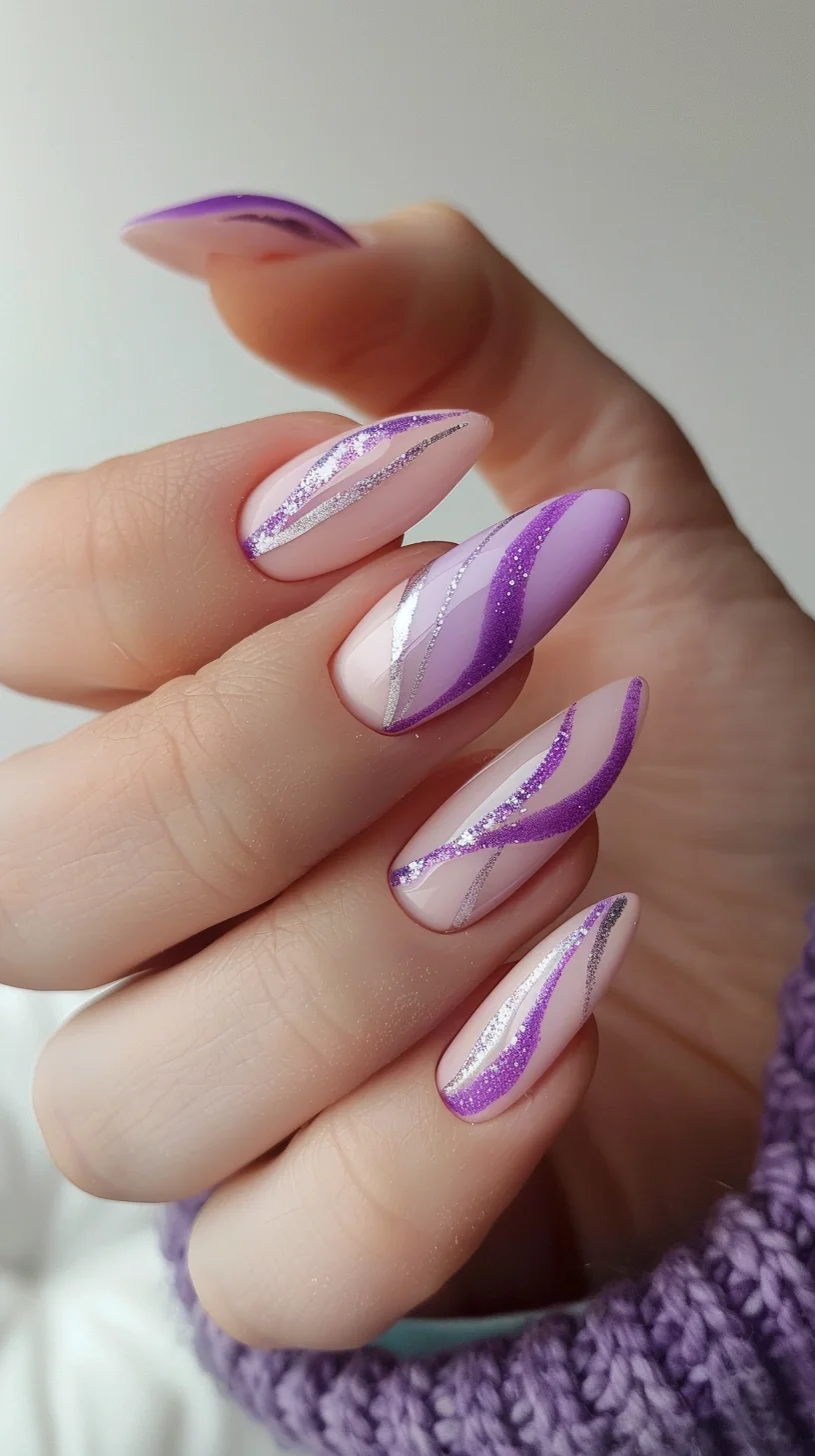 A stunning floral design, these nails have a light purple base with intricate purple flowers and leaves. The detailed floral patterns and glittery accents create a romantic and elegant style.