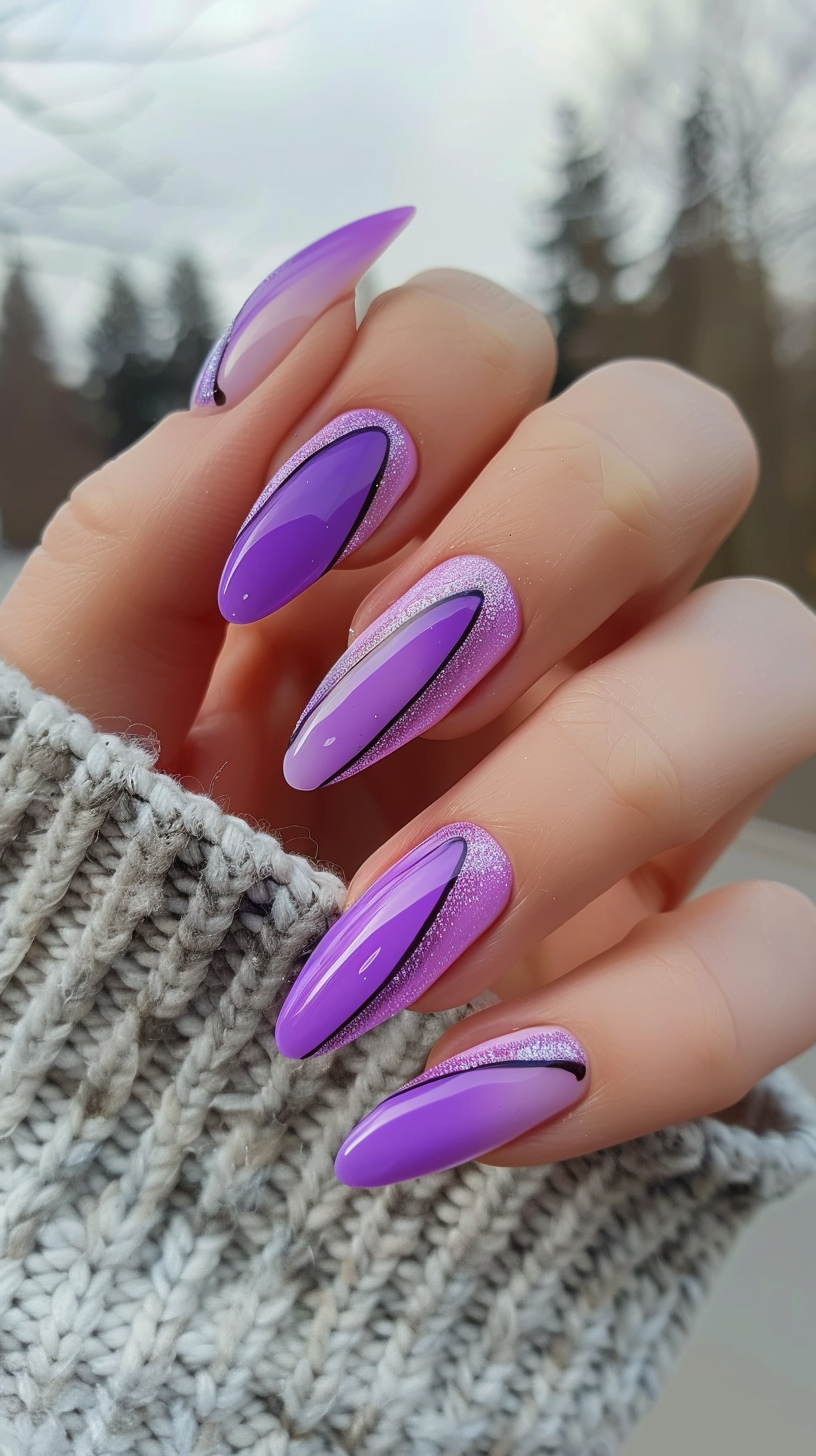 This design features a glossy light purple base with intricate floral and rhinestone accents. The combination of flowers and sparkling stones adds a touch of elegance and sophistication to the nails.