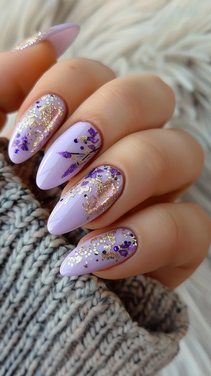 A blend of elegance and sparkle, this design showcases a light purple base decorated with gold glitter and delicate purple floral patterns. The combination of shimmer and floral elements gives a sophisticated yet whimsical look.